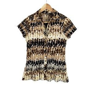 Apt. 9 Button Up Shirt Womens Sz Small Brown Black White Geometric Print Pleated